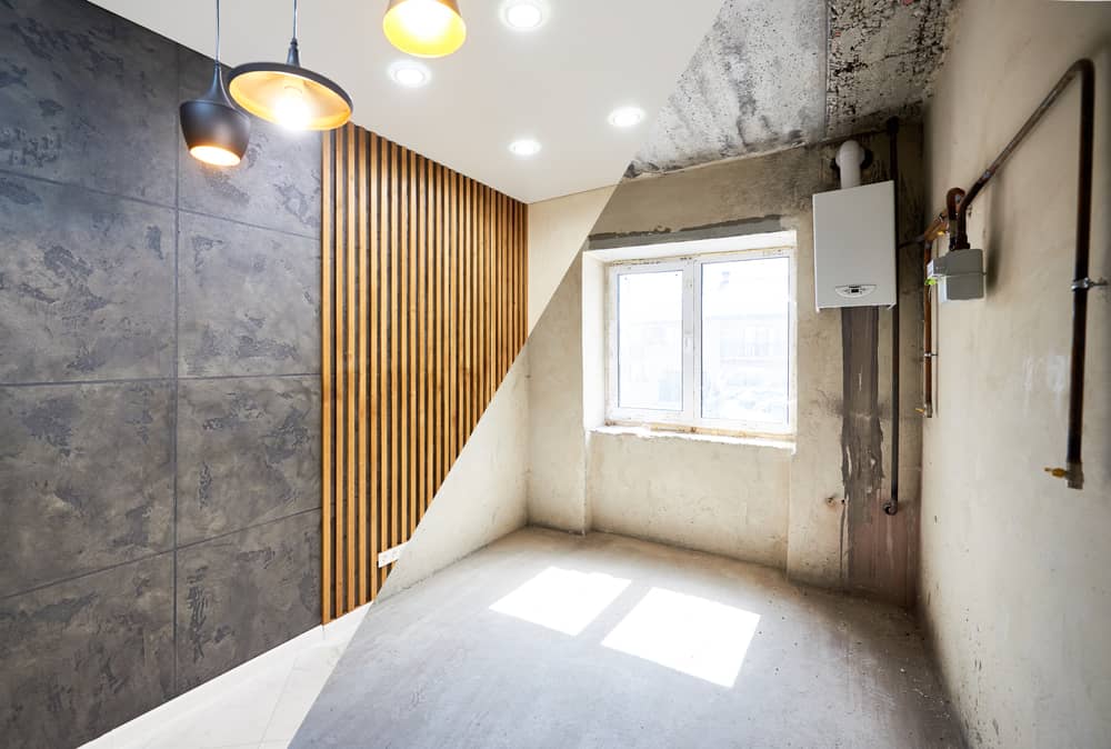 New kitchen before renovation works and after, creative combination of black wallpaper and wood planks on wall, shiny tiles on the floor and different modern chandeliers hanging from ceiling